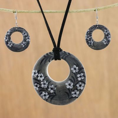 Alternate image for Ceramic Black Floral Pendant Necklace Dangle Earrings Set Blooming Midnight