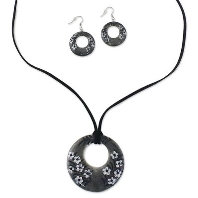 Alternate image for Ceramic Black Floral Pendant Necklace Dangle Earrings Set Blooming Midnight