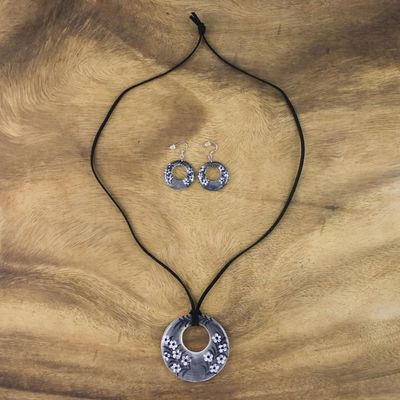 Alternate image for Ceramic Black Floral Pendant Necklace Dangle Earrings Set Blooming Midnight