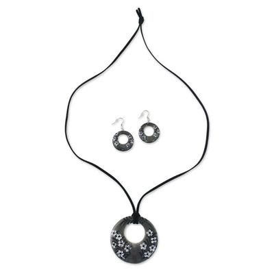 Alternate image for Ceramic Black Floral Pendant Necklace Dangle Earrings Set Blooming Midnight