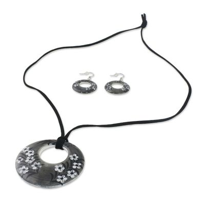 Alternate image for Ceramic Black Floral Pendant Necklace Dangle Earrings Set Blooming Midnight