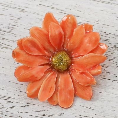 Alternate image for Natural Aster Flower Brooch in Tangerine from Thailand Let It Bloom in Tangerine