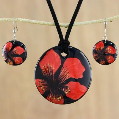 Alternate image for Handmade Red Floral Ceramic Necklace and Earring Set Floral Melody
