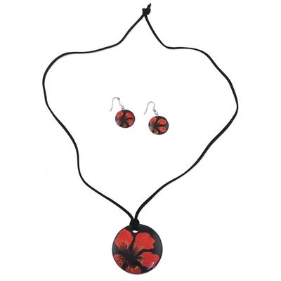 Alternate image for Handmade Red Floral Ceramic Necklace and Earring Set Floral Melody