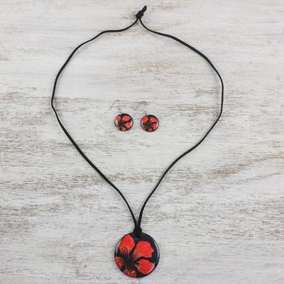 Alternate image for Handmade Red Floral Ceramic Necklace and Earring Set Floral Melody