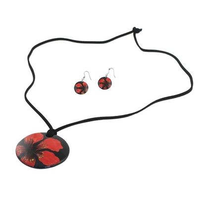Alternate image for Handmade Red Floral Ceramic Necklace and Earring Set Floral Melody