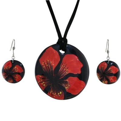 Alternate image for Handmade Red Floral Ceramic Necklace and Earring Set Floral Melody