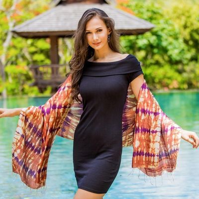 Alternate image for Hand Woven Tie Dye Silk Shawl in Pumpkin and Purple Thailand River Sands