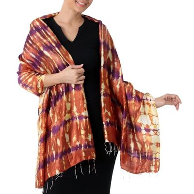 Alternate image for Hand Woven Tie Dye Silk Shawl in Pumpkin and Purple Thailand River Sands
