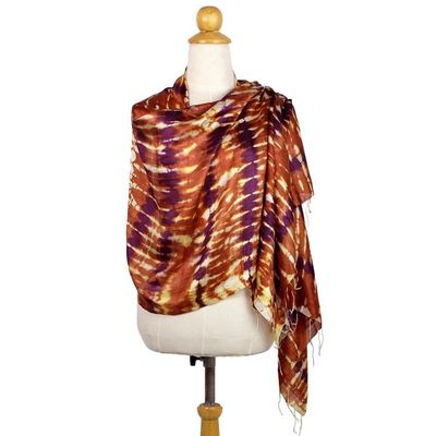 Alternate image for Hand Woven Tie Dye Silk Shawl in Pumpkin and Purple Thailand River Sands