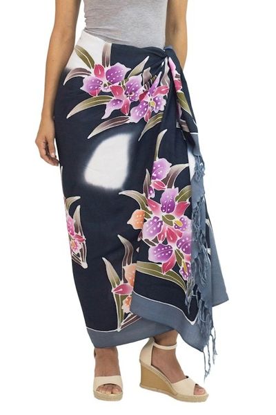 Alternate image for Artisan Crafted Black Rayon Sarong with Floral Motif Luminous Orchids