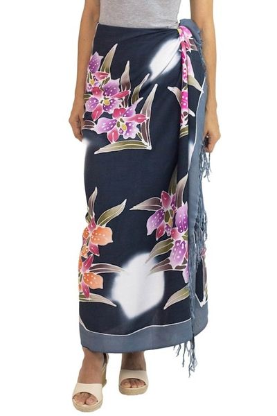 Alternate image for Artisan Crafted Black Rayon Sarong with Floral Motif Luminous Orchids