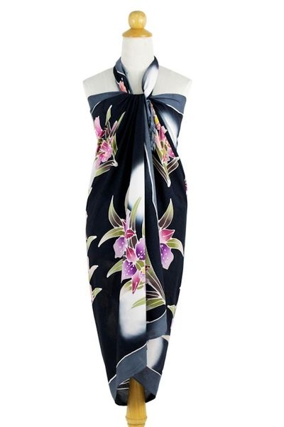 Alternate image for Artisan Crafted Black Rayon Sarong with Floral Motif Luminous Orchids
