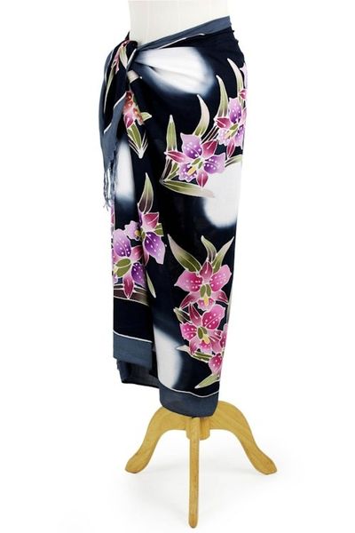 Alternate image for Artisan Crafted Black Rayon Sarong with Floral Motif Luminous Orchids