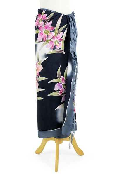 Alternate image for Artisan Crafted Black Rayon Sarong with Floral Motif Luminous Orchids