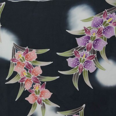Alternate image for Artisan Crafted Black Rayon Sarong with Floral Motif Luminous Orchids