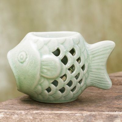 Alternate image for Handcrafted Ceramic Clay Oil Warmer Green Fish from Thailand Hello Fish