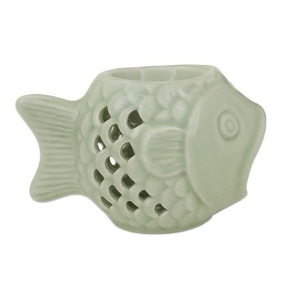 Alternate image for Handcrafted Ceramic Clay Oil Warmer Green Fish from Thailand Hello Fish