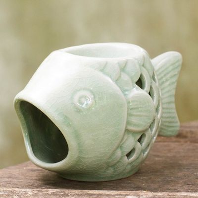 Alternate image for Handcrafted Ceramic Clay Oil Warmer Green Fish from Thailand Hello Fish