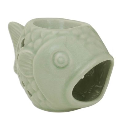 Alternate image for Handcrafted Ceramic Clay Oil Warmer Green Fish from Thailand Hello Fish
