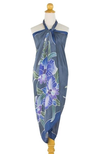 Alternate image for 100 Thai Silk Sarong Wrap with Hand-printed Batik Orchids Midnight Cattleya