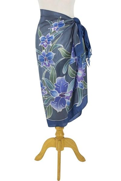 Alternate image for 100 Thai Silk Sarong Wrap with Hand-printed Batik Orchids Midnight Cattleya