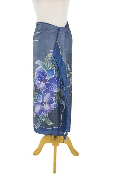 Alternate image for 100 Thai Silk Sarong Wrap with Hand-printed Batik Orchids Midnight Cattleya