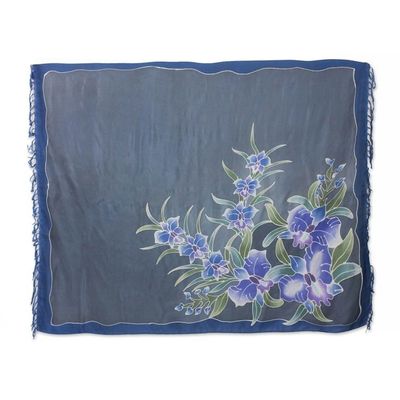 Alternate image for 100 Thai Silk Sarong Wrap with Hand-printed Batik Orchids Midnight Cattleya