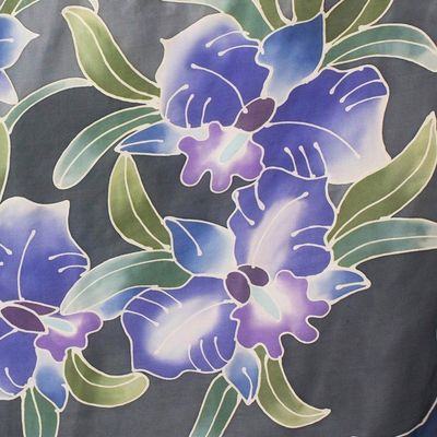 Alternate image for 100 Thai Silk Sarong Wrap with Hand-printed Batik Orchids Midnight Cattleya