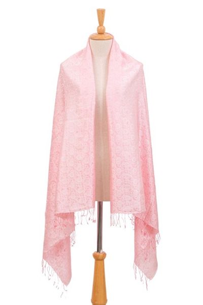 Alternate image for Pale Pink Floral Jacquard Shawl of a RayonSilk Blend Elegance in Pink