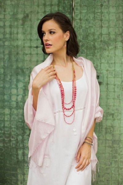 Alternate image for Pale Pink Floral Jacquard Shawl of a RayonSilk Blend Elegance in Pink