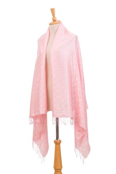 Alternate image for Pale Pink Floral Jacquard Shawl of a RayonSilk Blend Elegance in Pink
