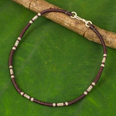 Alternate image for Artisan Crafted Maroon Anklet with Karen Hill Tribe Silver Wandering Maroon