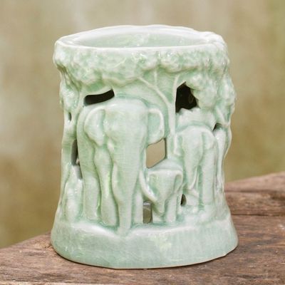 Alternate image for Green Ceramic Clay Oil Warmer Handcrafted Thailand Elephants Lush Thai Forest