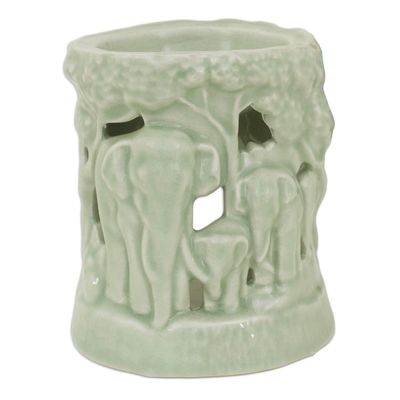 Alternate image for Green Ceramic Clay Oil Warmer Handcrafted Thailand Elephants Lush Thai Forest