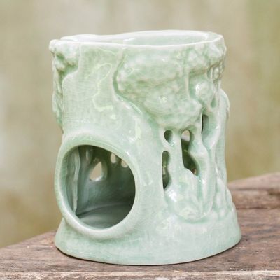 Alternate image for Green Ceramic Clay Oil Warmer Handcrafted Thailand Elephants Lush Thai Forest