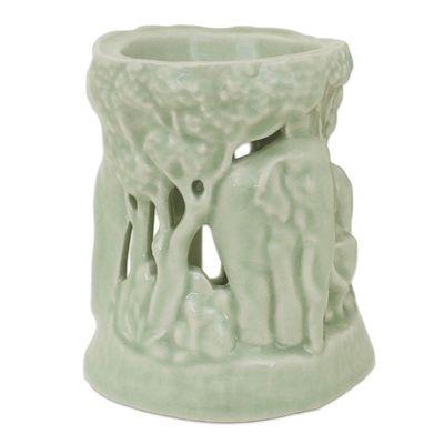 Alternate image for Green Ceramic Clay Oil Warmer Handcrafted Thailand Elephants Lush Thai Forest