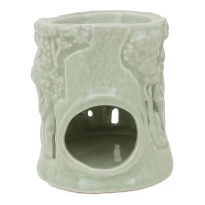 Alternate image for Green Ceramic Clay Oil Warmer Handcrafted Thailand Elephants Lush Thai Forest