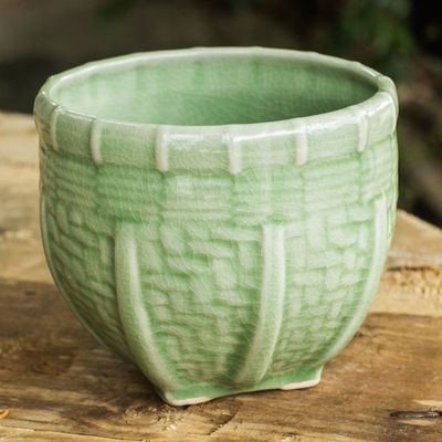 Alternate image for Handmade Green Ceramic Vase with Basket Motif Medium Basket