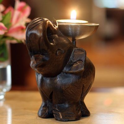 Alternate image for Fair Trade Mango Wood Candle Holder Elephant of Old Siam