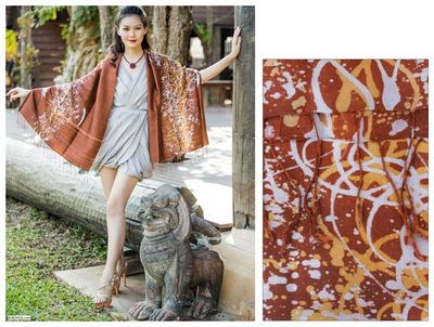 Alternate image for Unique Batik Silk Shawl Fireworks on Copper