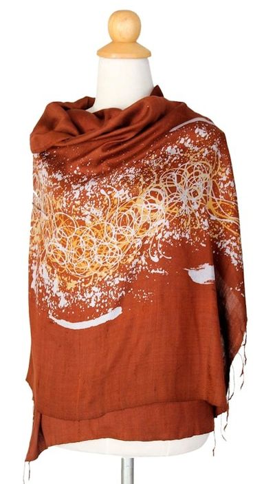 Alternate image for Unique Batik Silk Shawl Fireworks on Copper