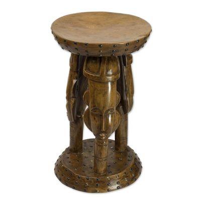 Alternate image for Hand Crafted Cedar Wood Faces Stool from Ghana United Family in Tan