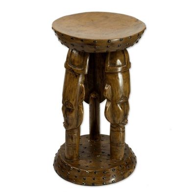 Alternate image for Hand Crafted Cedar Wood Faces Stool from Ghana United Family in Tan