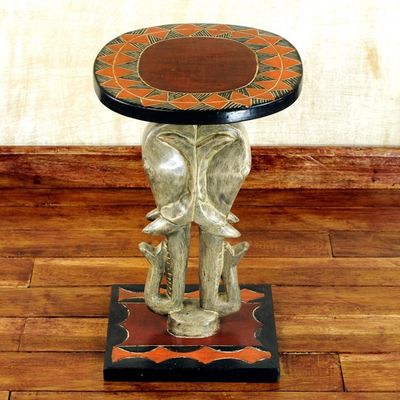 Alternate image for Cedar Wood Accent Table with Sculpted Elephants from Ghana Savannah Elephants