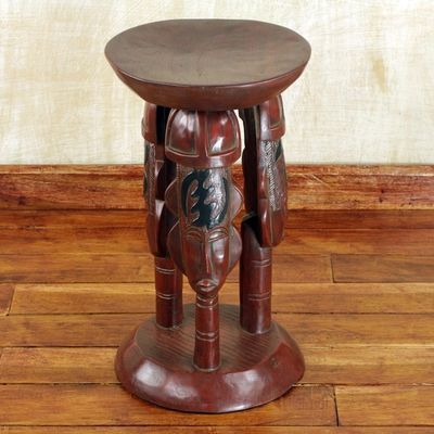 Alternate image for Cedar Wood Round Brown Stool with Adinkra Symbols United Family in Brown