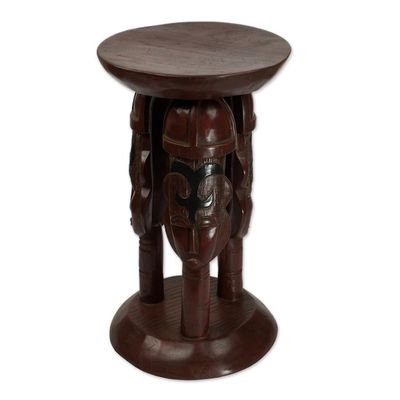Alternate image for Cedar Wood Round Brown Stool with Adinkra Symbols United Family in Brown