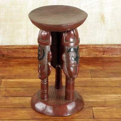 Alternate image for Cedar Wood Round Brown Stool with Adinkra Symbols United Family in Brown