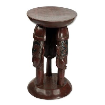 Alternate image for Cedar Wood Round Brown Stool with Adinkra Symbols United Family in Brown