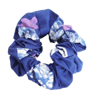 Alternate image for Patterned Blue Cotton Scrunchie Crafted in Ghana Sea Flower
